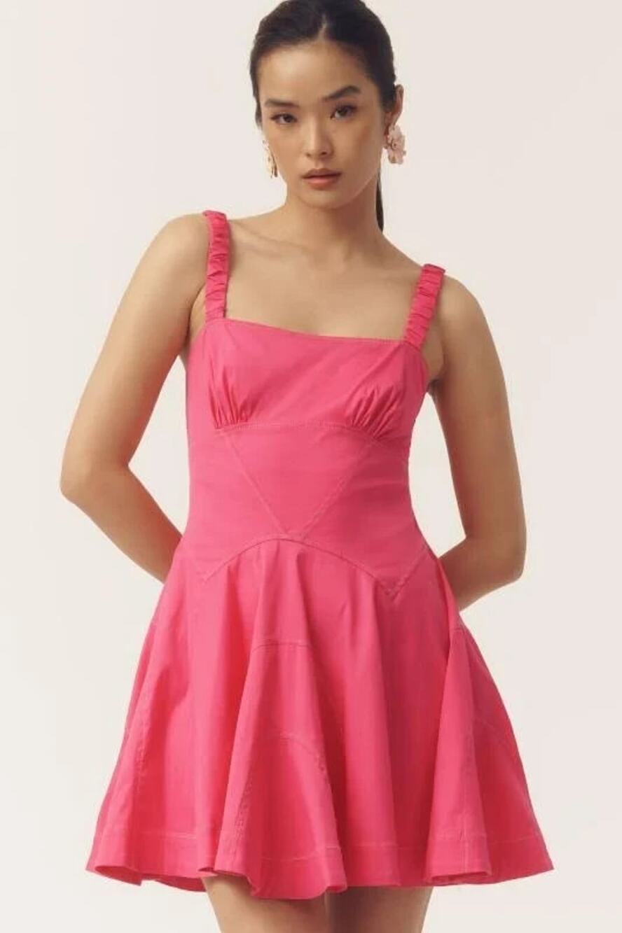 Anthropologie *IN Hot Pink* Plunge Drop Waist A Line Mini Dress Small New